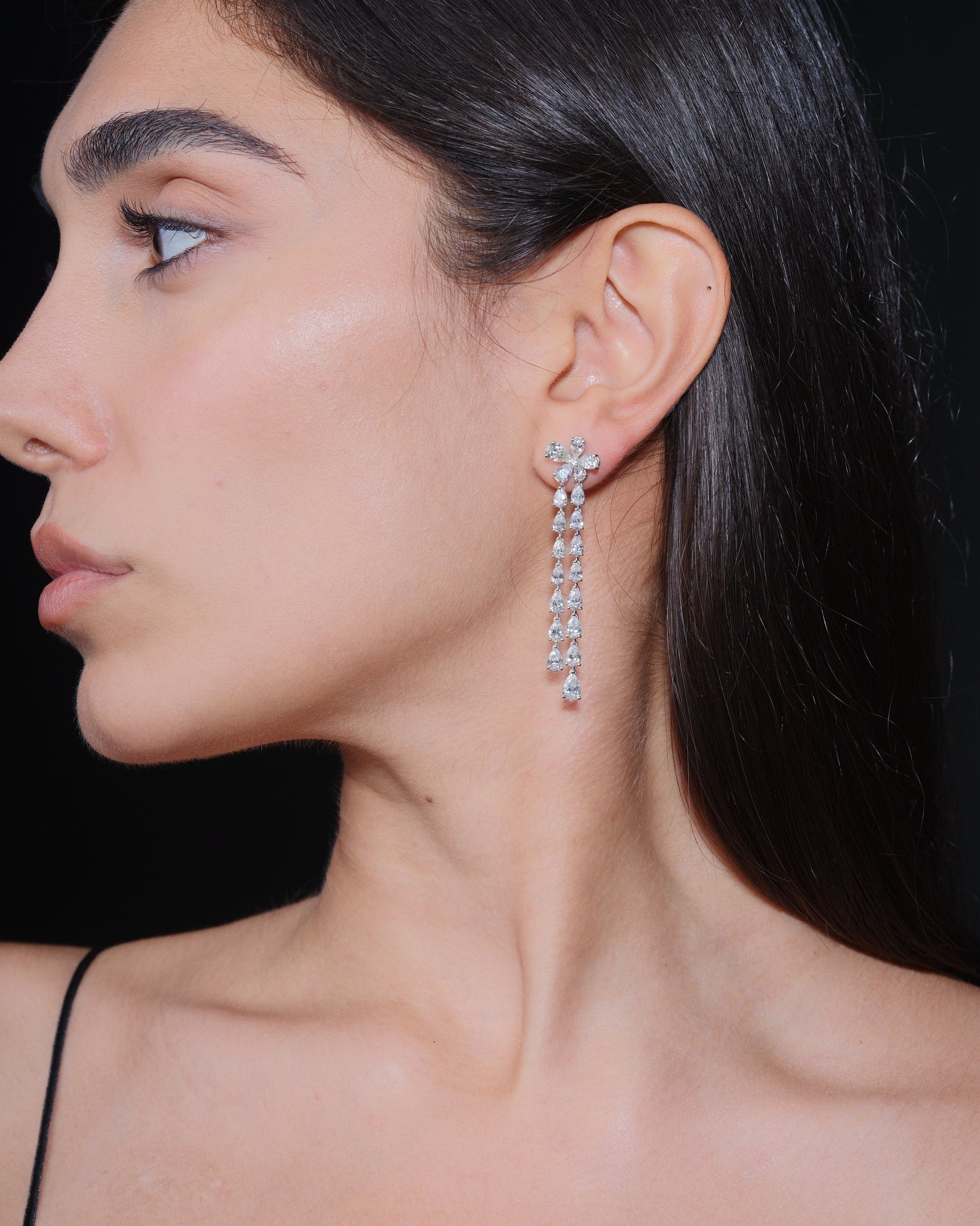 Pear Flower Design Dangling Diamond Earrings (ARJS3431)