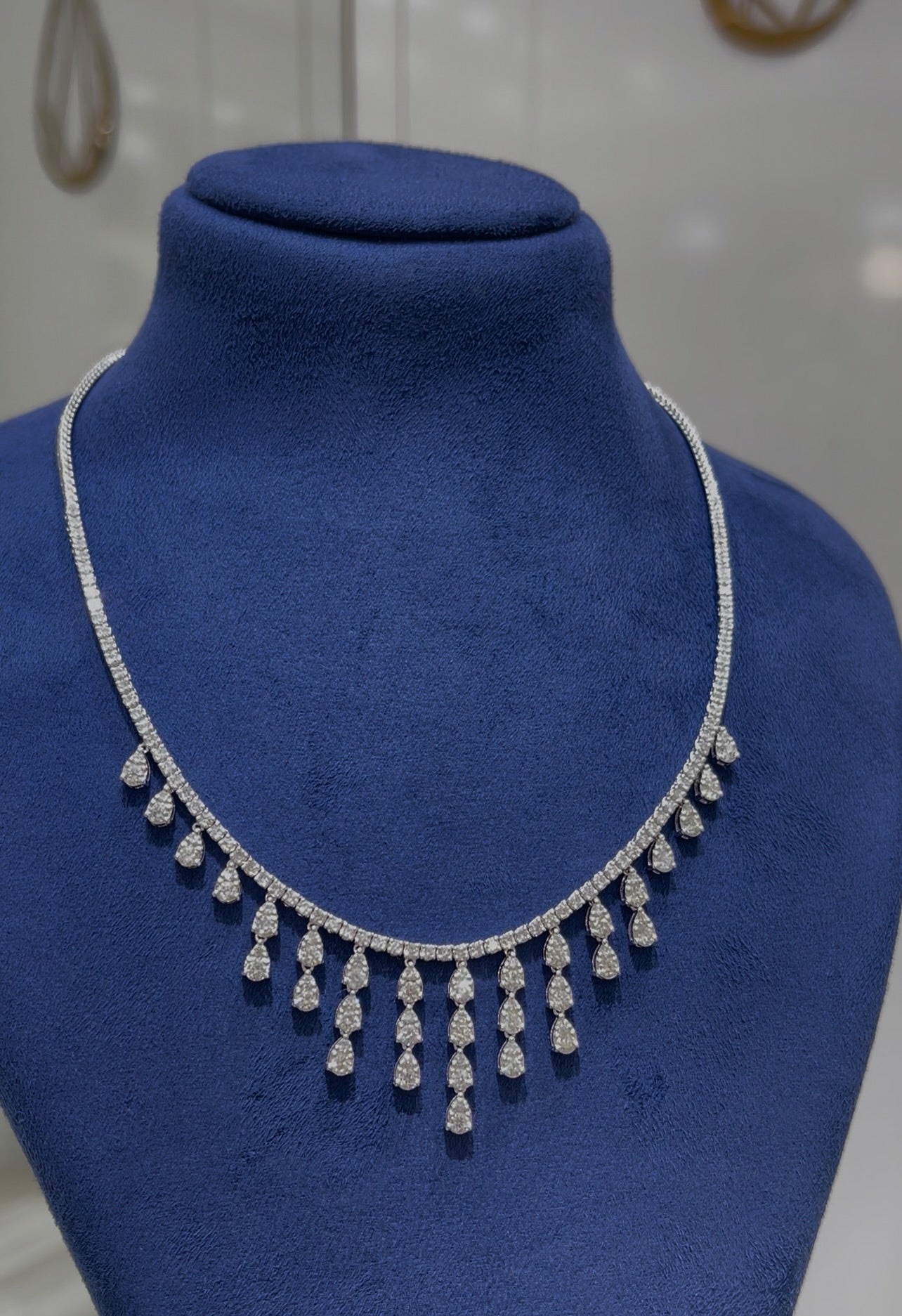 3PT Round with Pear Cluster Drop Diamond Necklace (ARJS3937)