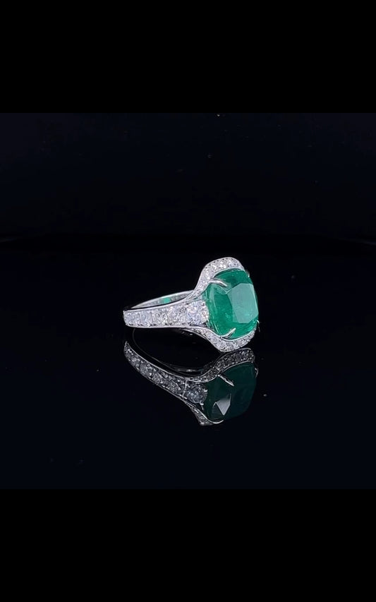Cushion Cut Green Emerald With Diamond Ring (ARJS2455)