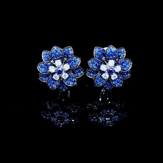 Blue Sapphire Flower with Natural Diamond Earrings