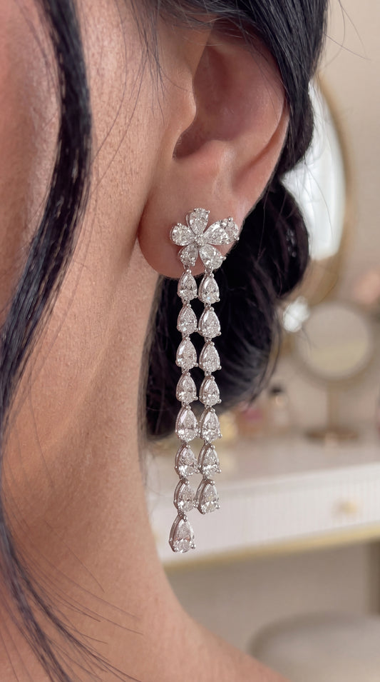 Pear Flower Design Dangling Diamond Earrings (ARJS3431)