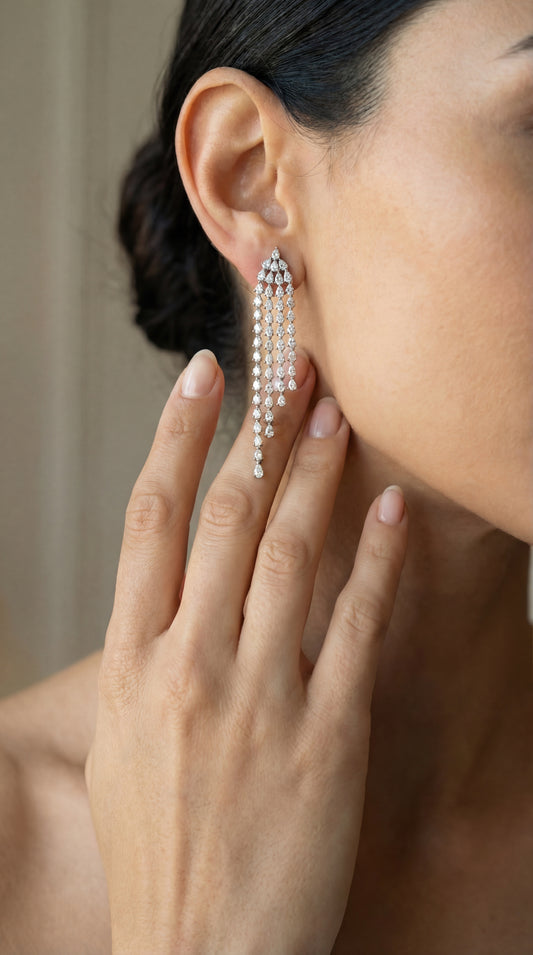 4 Line Pear Long Drop Diamond Earrings (ARJS3174)