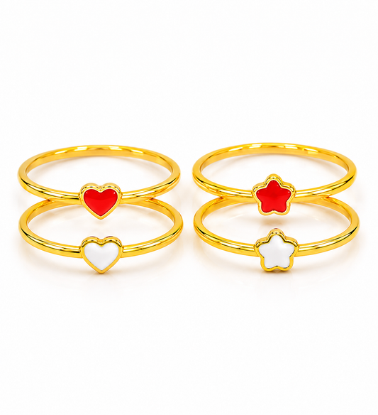 18K Gold Enamel Ring Set – Heart & Clover Minimalist Stack Rings