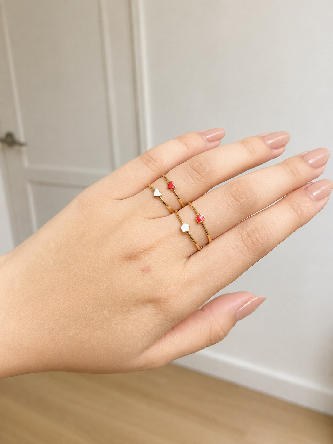 18K Gold Enamel Ring Set – Heart & Clover Minimalist Stack Rings