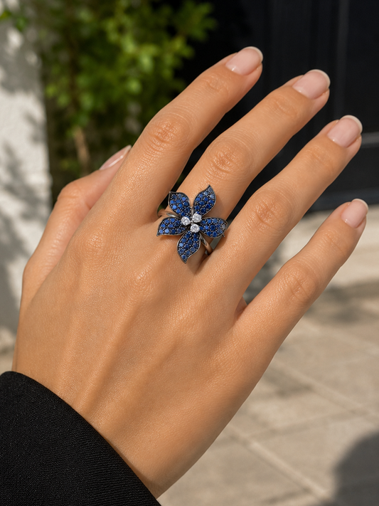 Blue Sapphire Flower Design with Diamond Ring (ARJS3645)