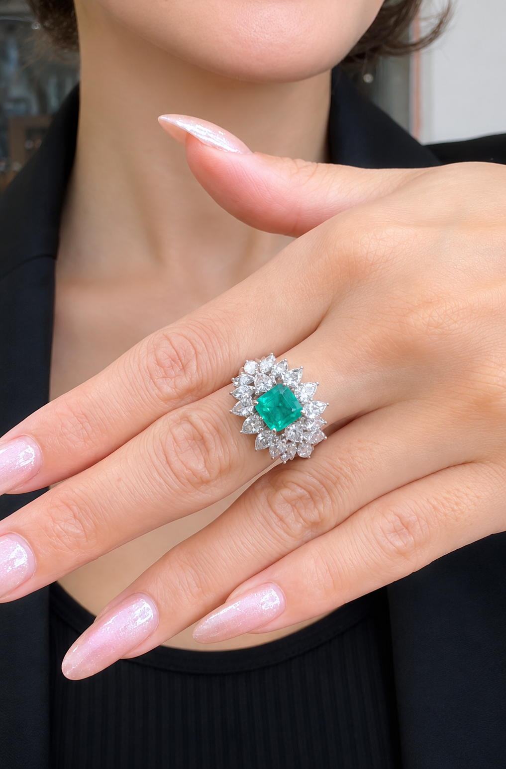 Asscher Emerald with Pear & Marquise Diamond Ring (ARJS2467)
