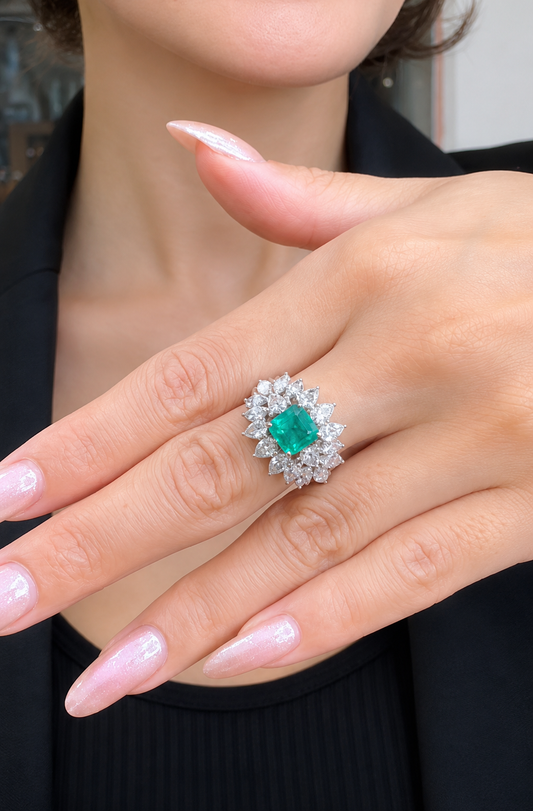 Asscher Emerald with Pear & Marquise Diamond Ring (ARJS2467)