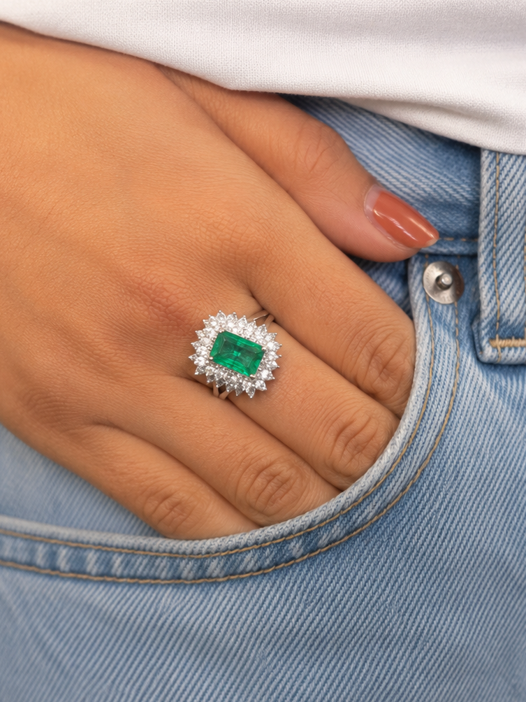 Radiant Cut Green Emerald with Diamond Ring (ARJS2567)
