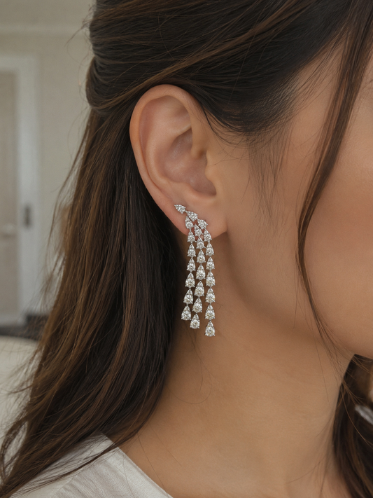 3 Line Round Cluster Diamond Dangling Earrings (ARJS3570)