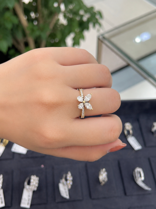 Pear Cut Butterfly Diamond Ring in Yellow Gold (ARJS2674)