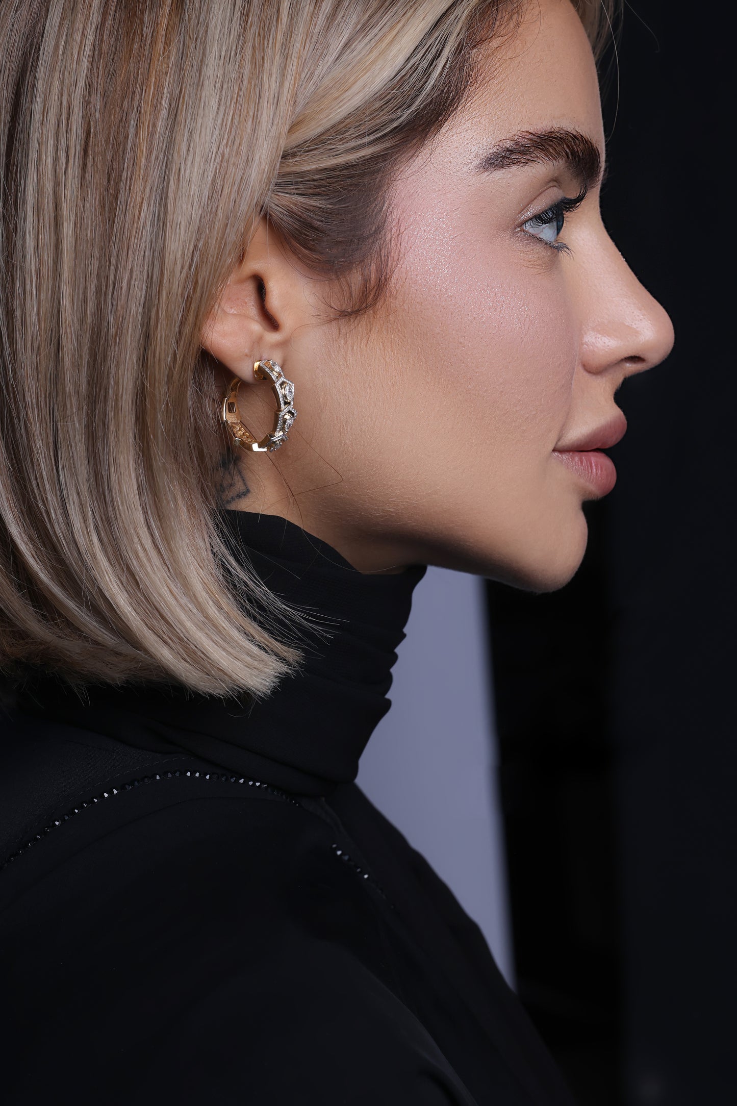 Marquise and Round Yellow Gold Diamond Hoop Earrings
