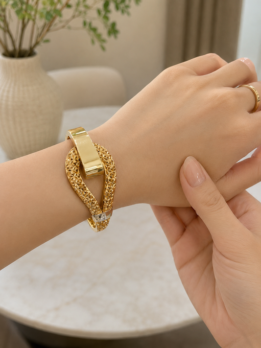 18K Gold Tri-color Textured Cuff Bracelet for Women (GJEW124)