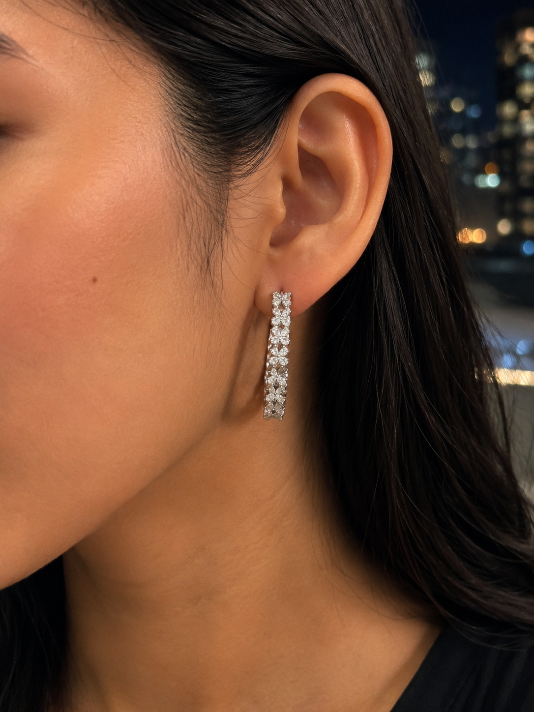 Pear Flower Style Hoops Diamond Earring (ARJS2741)