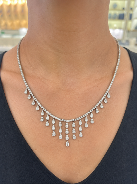 3PT Round with Pear Cluster Drop Diamond Necklace (ARJS3937)