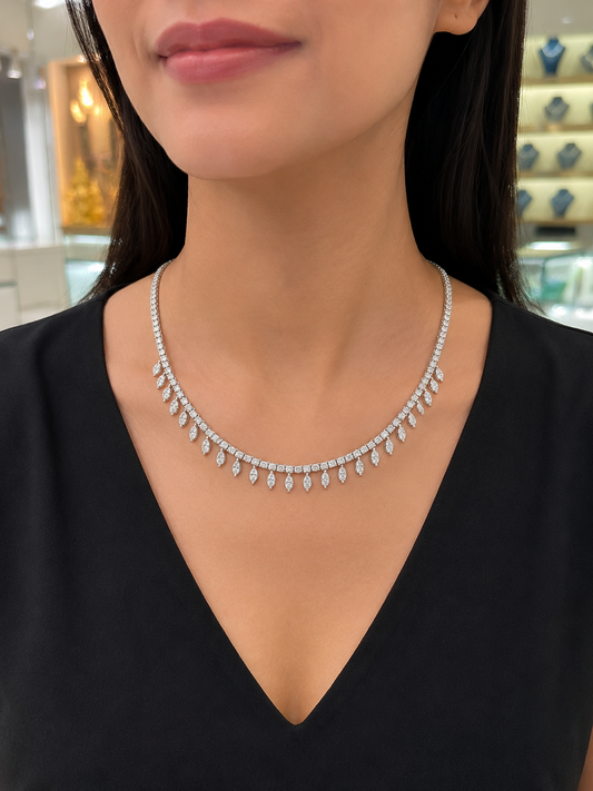 Round with Marquise Cluster Drop Diamond Necklace (ARJS3934)