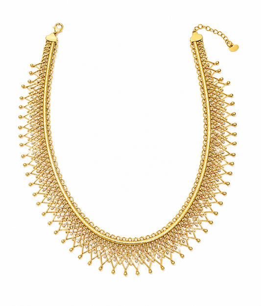 18K Gold Tri-Color Fringe Statement Necklace – Traditional Luxury Collar Design (GJEW169)