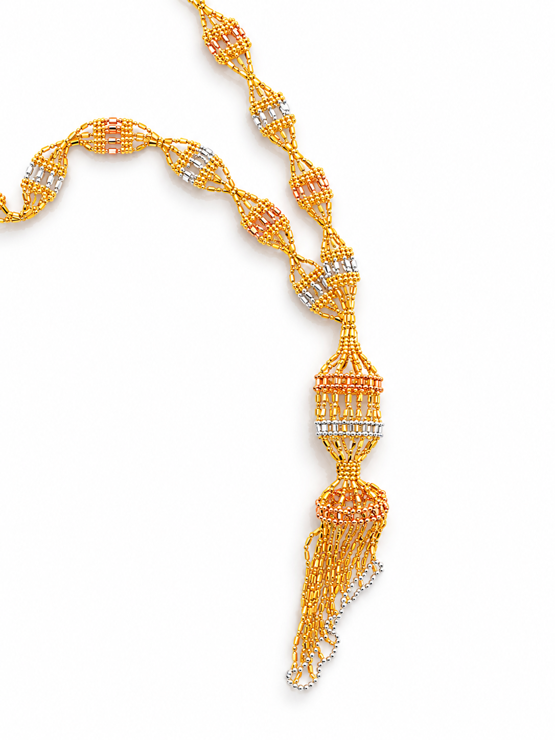 18k Gold Intricate Tri-Color Beaded Tassel Necklace (GJEW340)