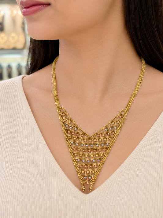 18k Gold Tri-Color Mesh V Necklace (GJEW338)