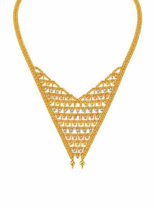 18k Gold Tri-Color Mesh V Necklace (GJEW338)