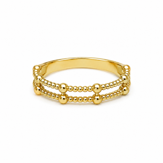 18k Gold Beaded Double Row Ring – Minimalist Stackable Band (GJEW91)