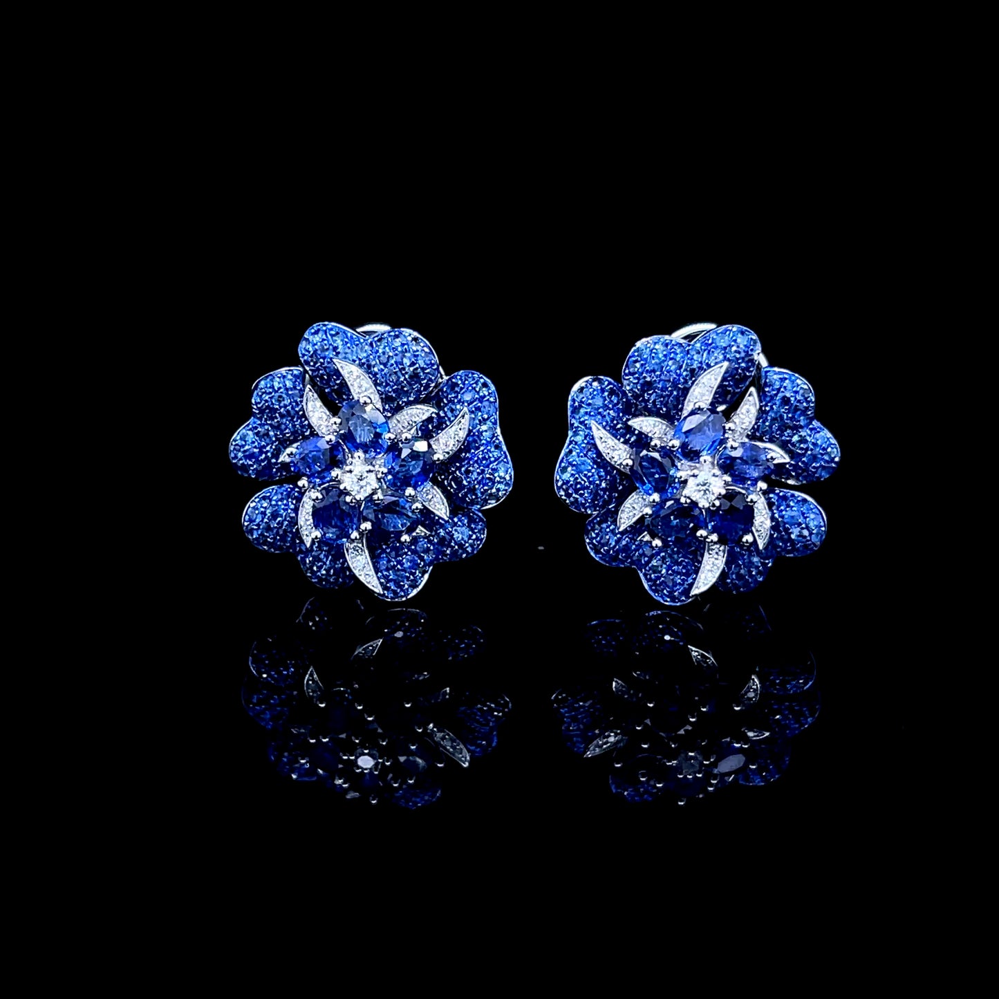 Blue Sapphire Flower with Natural Diamond Earrings (ARJS3643)
