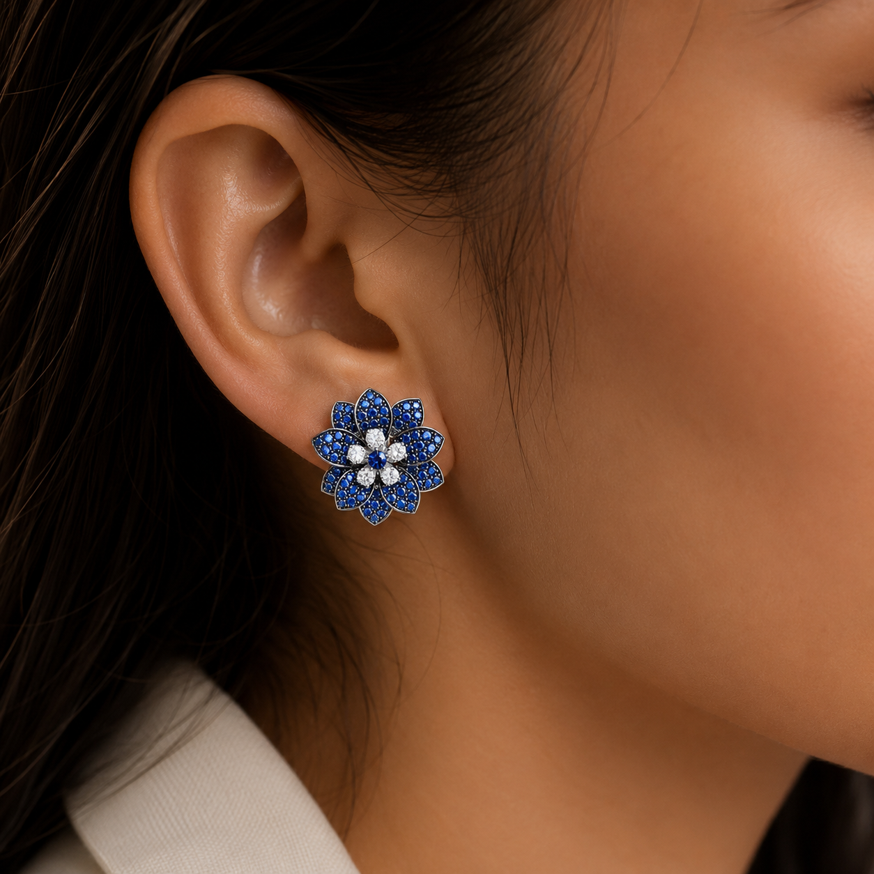 Blue Sapphire Flower with Natural Diamond Earrings