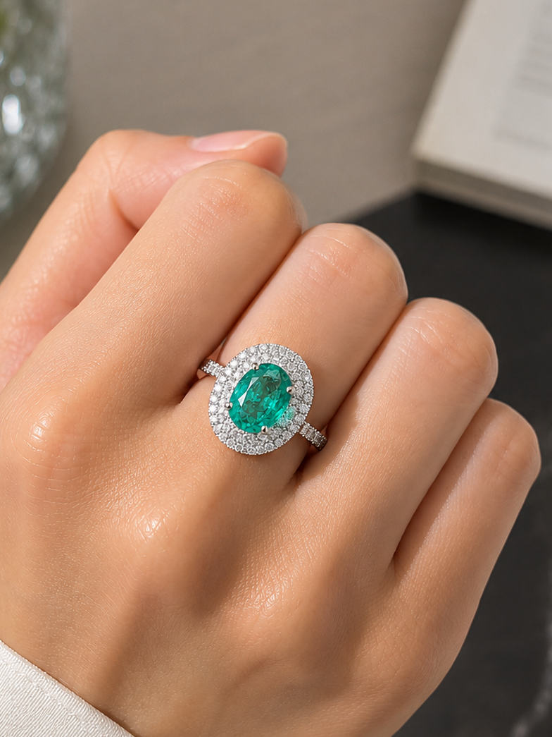Oval Cut Green Emerald With Diamond Ring(ARJS2563)
