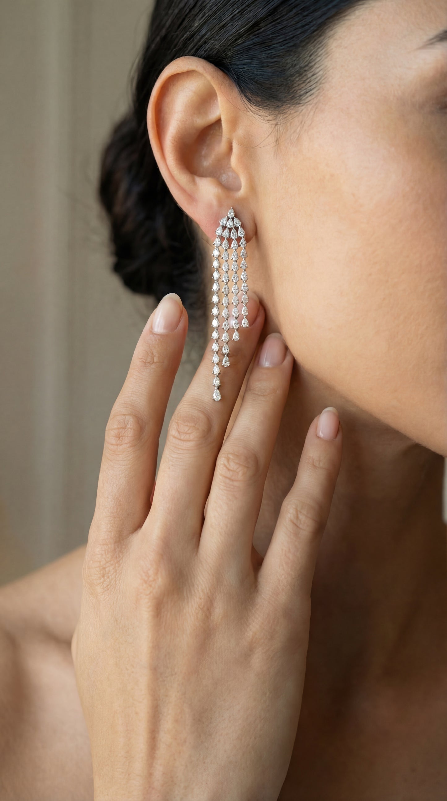 4 Line Pear Long Drop Diamond Earrings (ARJS3174)
