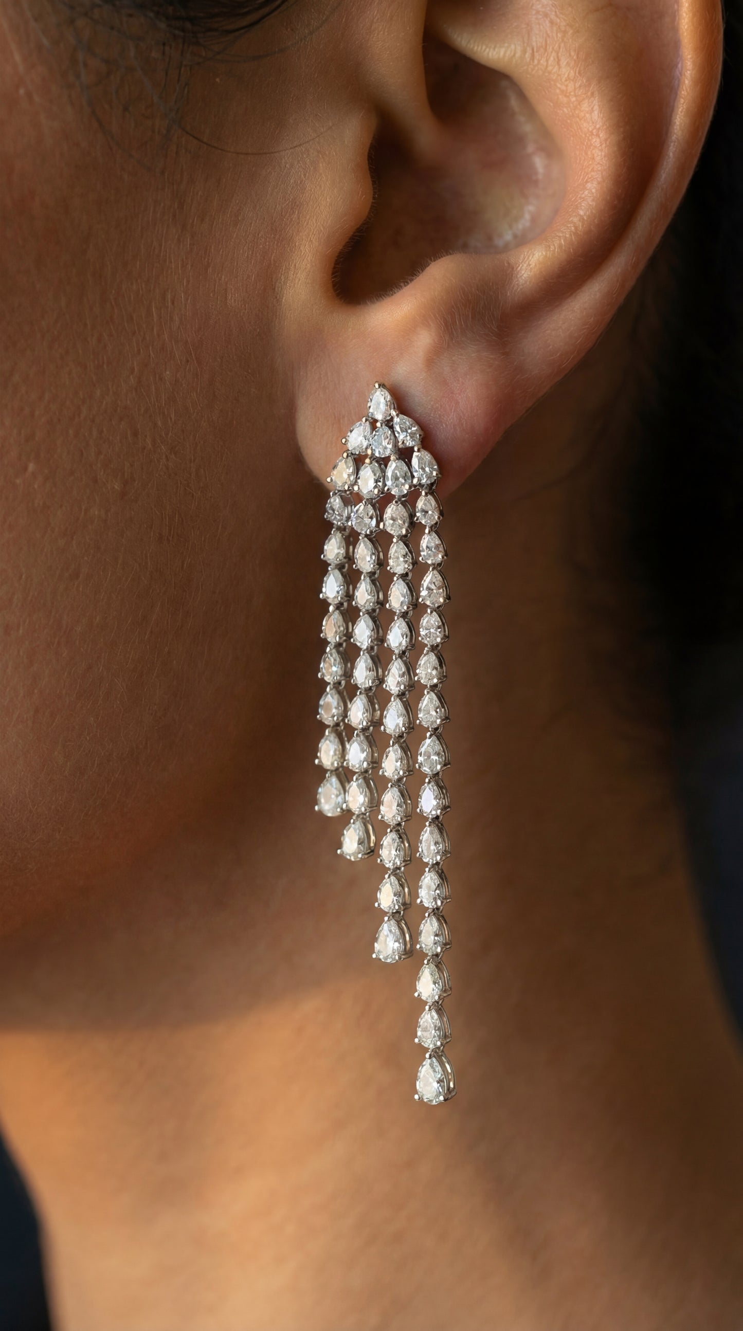 4 Line Pear Long Drop Diamond Earrings (ARJS3174)