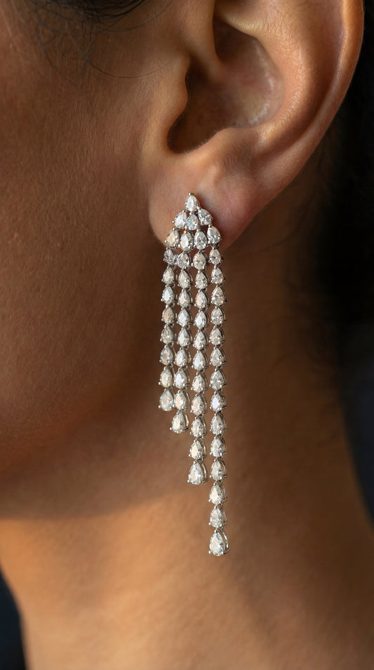 4 Line Pear Long Drop Diamond Earrings (ARJS3174)