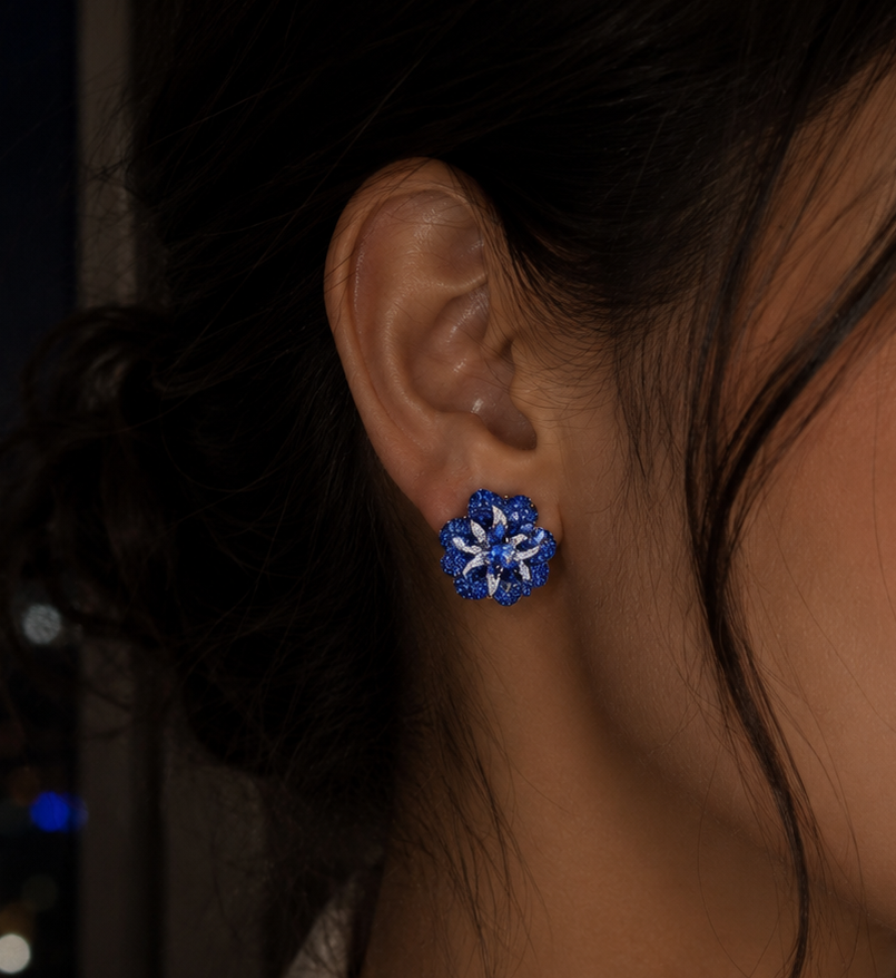 Blue Sapphire Flower with Natural Diamond Earrings (ARJS3643)
