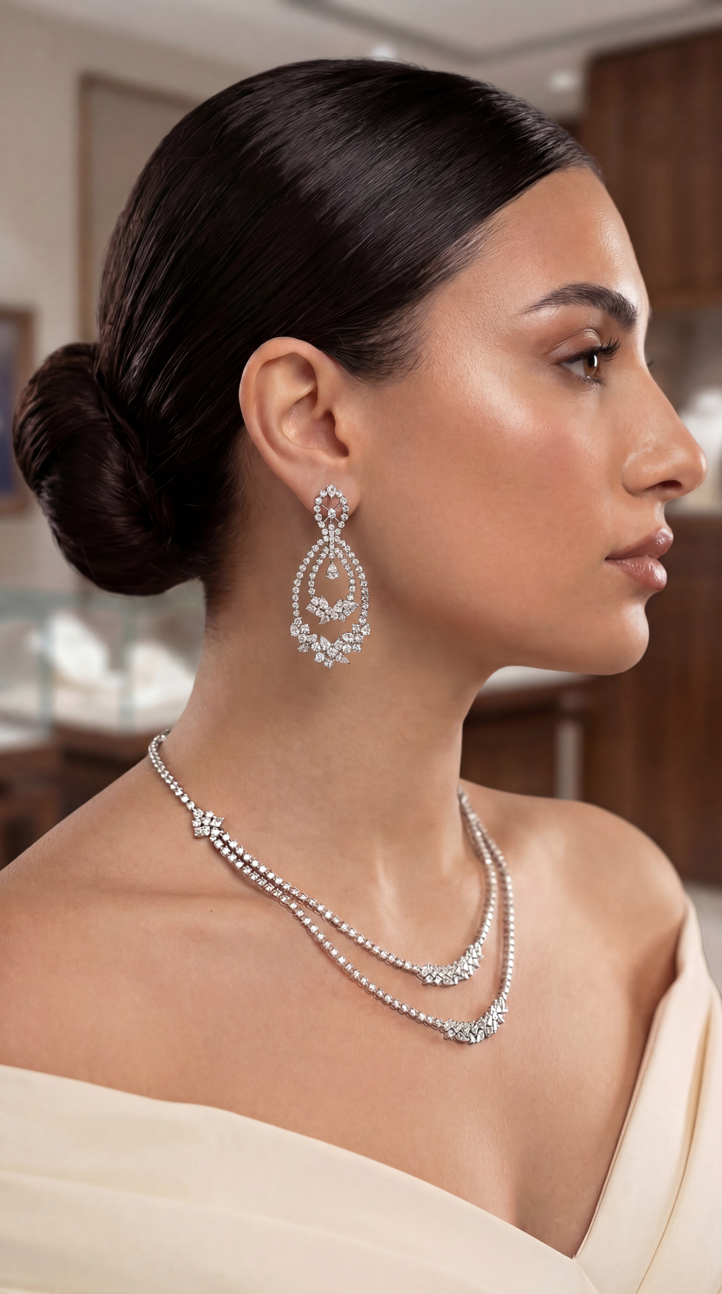 2 Line Pear & Round Layered Diamond Necklace (ARJS3018)